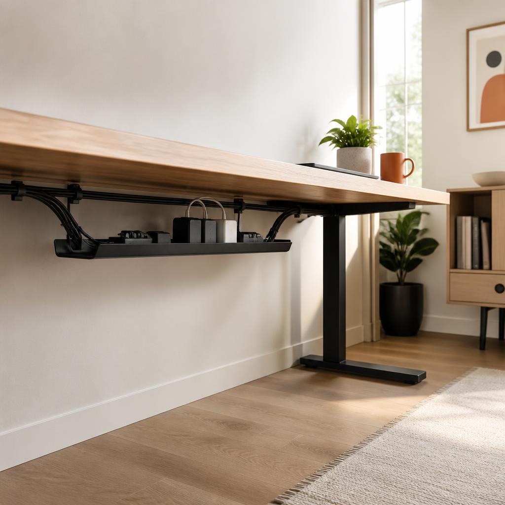 Organized cable tray and raceway under a clean home-office desk